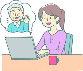 女性とおじいちゃんがパソコンでテレビ会議しているイラスト