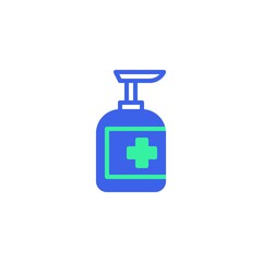 Antiseptic gel icon vector, filled flat sign, bicolor pictogram, Hand sanitizer bottle green and blue colors. Symbol, logo illustration