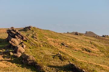Panoramic view of Gib Torr, The Roaches at sunset in the Peak District National Park.