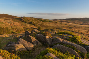 Panoramic view of Gib Torr, The Roaches at sunset in the Peak District National Park.