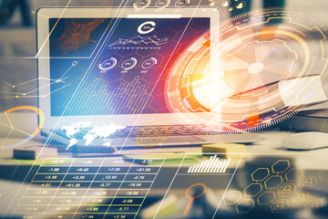 Multi exposure of desktop computer and technology theme hologram. Concept of software development.