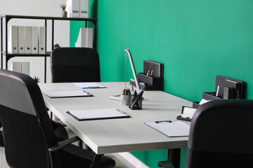 Table prepared for business meeting in office
