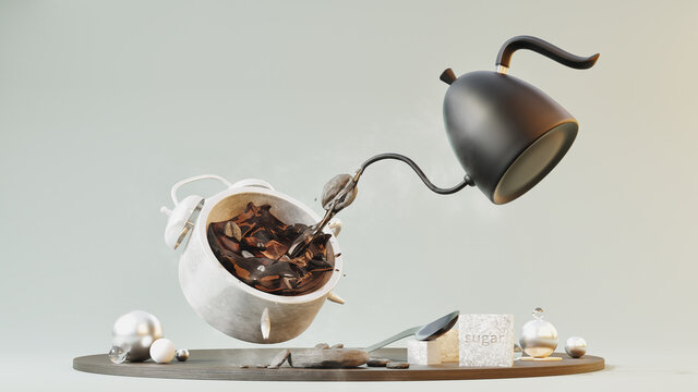 Hot coffee clock with teapot and sugar Coffee time concept with 3d illustration