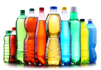 Plastic bottles of assorted carbonated soft drinks