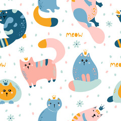 Seamless pattern with cute Scandinavian style cats