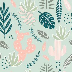 Abstract creative seamless pattern with tropical plants.