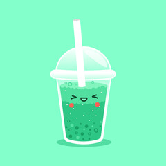 Vector Bubble Tea, tapioca milk tea. Pearl milk tea, Bubble Tea is Taiwanese famous and popular drink. Boba and small boba. Kawaii Character Boba. Cute Cartoon Sticker. Green with smile emoticon. Cute