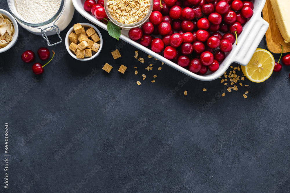 Poster ingredients for cooking pie with cherries on dark background with copy space top view