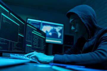 Asian male hacker use laptop