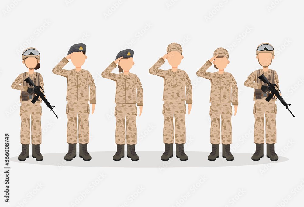 Poster Group of army, men and woman, in camouflage combat uniform saluting. Cute flat cartoon style. Isolated vector illustration.