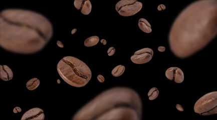 Flying whirl roasted coffee beans in the air studio shot isolated on black background, Healthy...