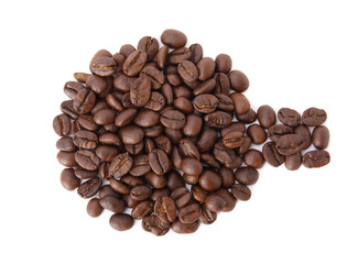 Roasted coffee beans in the shape of a cup studio shot isolated on white background, Healthy products by organic natural ingredients concept