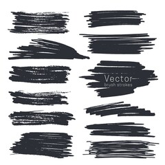 Set of black ink brush strokes isolated on white background