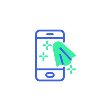 Cleaning mobile phone icon vector, filled flat sign, cell phone clean bicolor pictogram, green and blue colors. Symbol, logo illustration