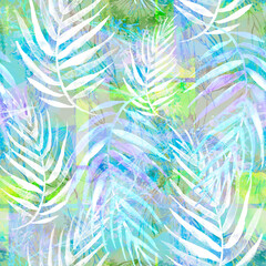 Watercolor seamless abstract background, pattern.  leaves of a tree, palms,fern. Plant in watercolor. dandelion, juniper, acacia. Abstract spot, grass.Tropical leaves. Blue leaves.
