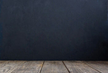 Blank black Chalkboard Background. Empty Wooden table. back to school concept. Copy space