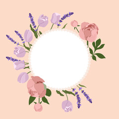 Vector illustration with delicate peonies, tulips, lavender and frame with place for your text.