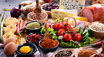 Composition with assorted organic food products on the table