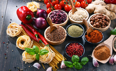 Composition with assorted organic food products on the table