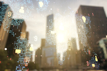 Virtual social network hologram and world map on office buildings background. Multiexposure