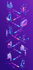 Robotic process automation vertical concept with robots working with data, arms moving files, extracting information from websites, digital technology service, 3d isometric vector illustration