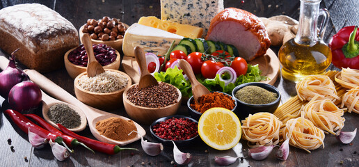 Composition with assorted organic food products on the table