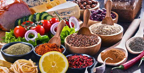 Composition with assorted organic food products on the table