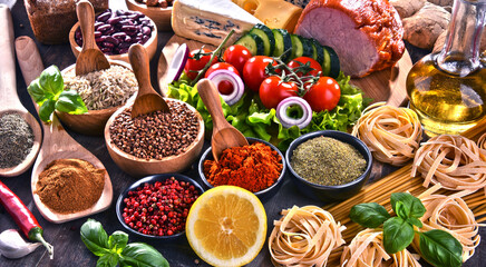 Composition with assorted organic food products on the table