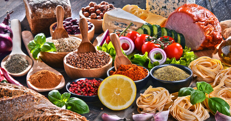 Composition with assorted organic food products on the table