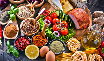 Composition with assorted organic food products on the table