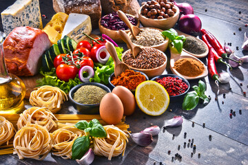 Composition with assorted organic food products on the table