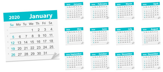 Calendar Leaf , year 2020. Vector Illustration. page with a calendar for the month.