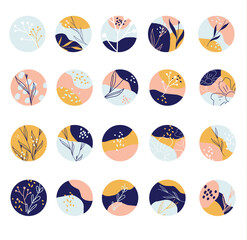 Collection of round abstract backgrounds with hand drawn shapes, leaves, spots. trendy circle icons. modern elements for social media