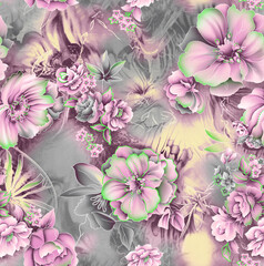 Elegant stylish spring floral seamless pattern with dots and lineart.