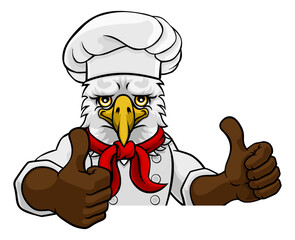 An eagle chef mascot cartoon character peeking round a sign and giving a thumbs up