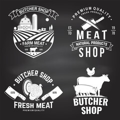 Set of butcher shop badge or label with cow, Beef, chicken. Vector. Vintage typography logo design with cow, chicken silhouette. Butchery meat shop, market, restaurant business.