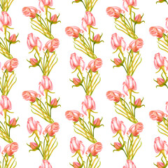 Watercolor dry rose bouquets seamless pattern. Hand drawn pale flowers and leaves in line. Vertical vintage floral texture isolated on white background for wallpaper, textile, wrapping paper, cards