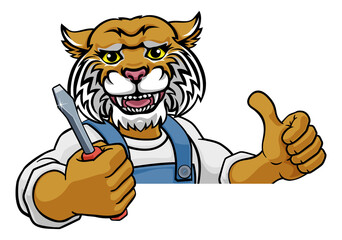 A wildcat electrician, handyman or mechanic holding a screwdriver and peeking round a sign and giving a thumbs up