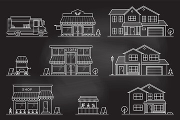 Naklejka premium Set of store, shop, house, street store cart and truck icons. Vector. For web design and application interface, also useful for infographics. Modern minimalist design with facade building