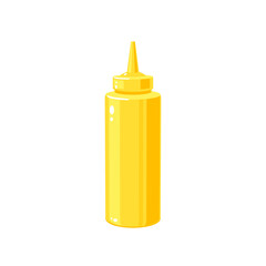 Mustard sauce in squeeze bottle for fast food, vector illustration cartoon icon isolated on white background.