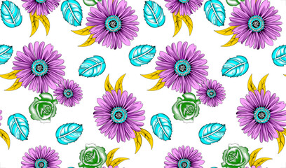 Fototapeta na wymiar Elegant stylish spring floral seamless pattern with dots and lineart.