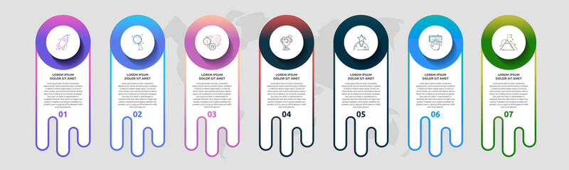 Infographics with 7 circles and labels. Abstract vector template. Can be used for seven business, web, banner, workflow layout, presentations, flowchart, content, levels, chart. Data visualization.