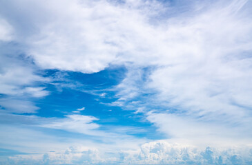 White fluffy clouds on blue sky. Soft touch feeling like cotton. White puffy clouds cape with space for text. Beauty in nature. Close-up white cumulus clouds texture background. Sky on sunny day.
