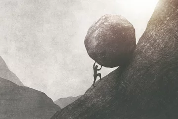Foto op Canvas illustration of strong man pushing big rock uphill, surreal concept © fran_kie