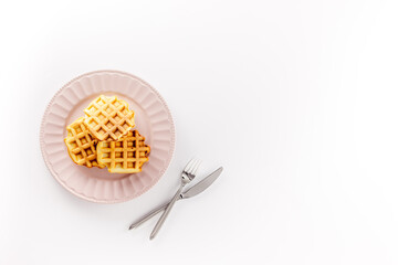 Traditional belgian waffles on white table background top view mockup