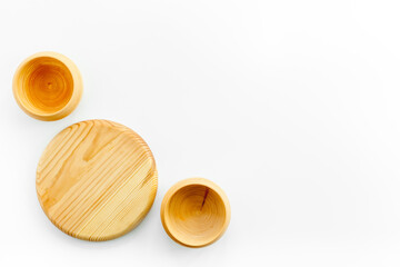 Making wooden dishes. Village table with wooden cutlery set rustic background top view mockup