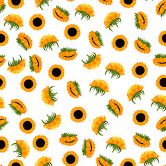 Summer colorful seamless pattern with orange sunflowers on white background. Cartoon style. Design for fabric, textile, posters, card, paper. Flowers with leaves. Vector illustration.