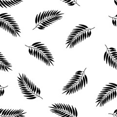 Floral autumn seamless pattern with black exotic leaves silhouette on white background. Tropic branches. Fashion vector stock illustration for wallpaper, posters, card, fabric, textile.