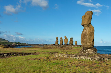 Moais at Tahai ceremonial complex, Hanga Roa, Rapa Nui National Park, Easter Island, Chile, Unesco...