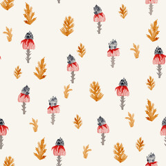 Seamless texture of flowers and leaves. Hand drawn sketch watercolour painting on simple background. concept illustration of Set nature elements.